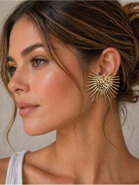 Gold Tone Sunburst Rose Stud Earrings Large Statement Floral Starburst NEW